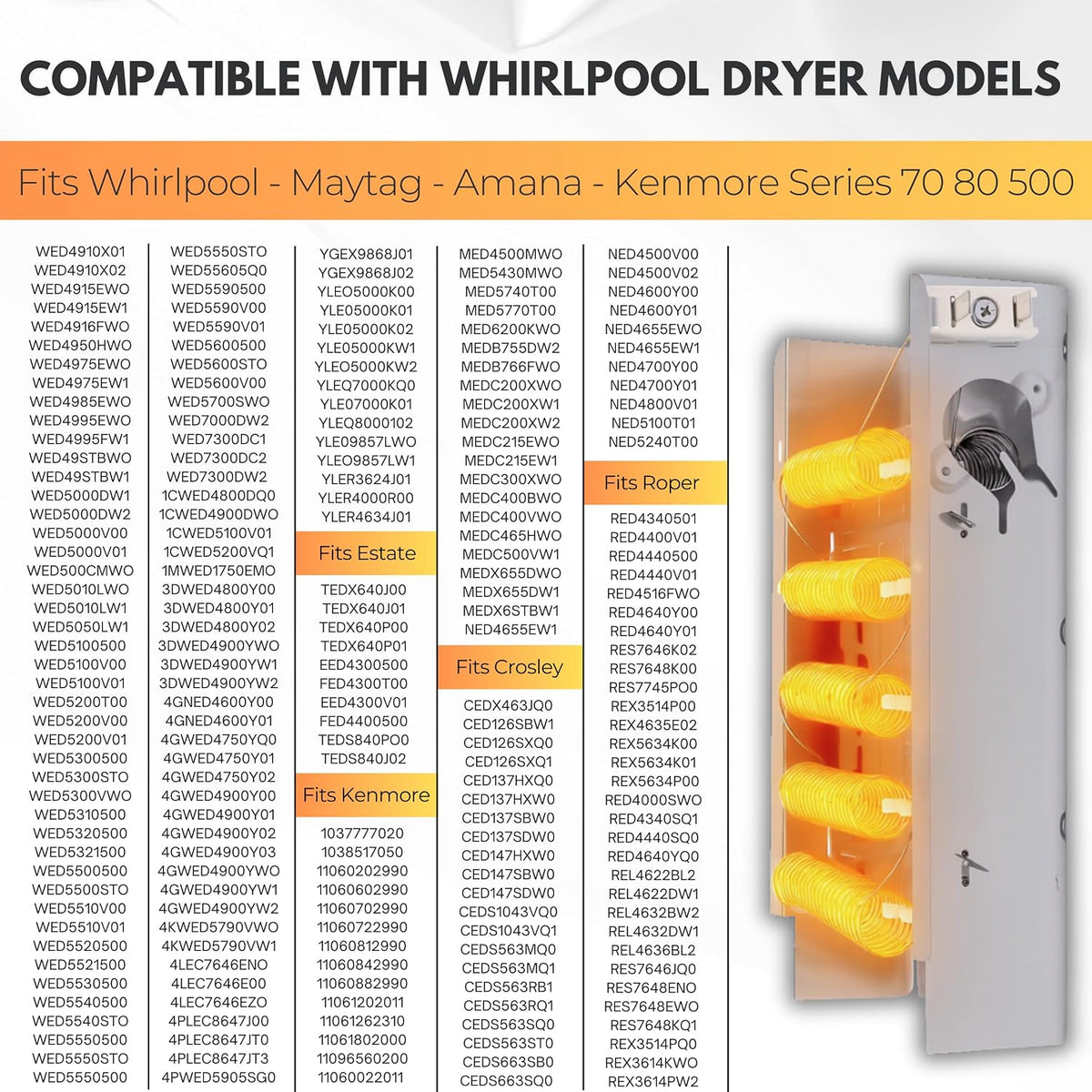 Dryer Heating Element fits Whirlpool WED5600VQ0, WED5700SW0, WED5700VH0, WED5700VH1, WED5700VW0 - Full Replacement Kit with Thermostat, Thermal Fuse & Cut-Off Switch
