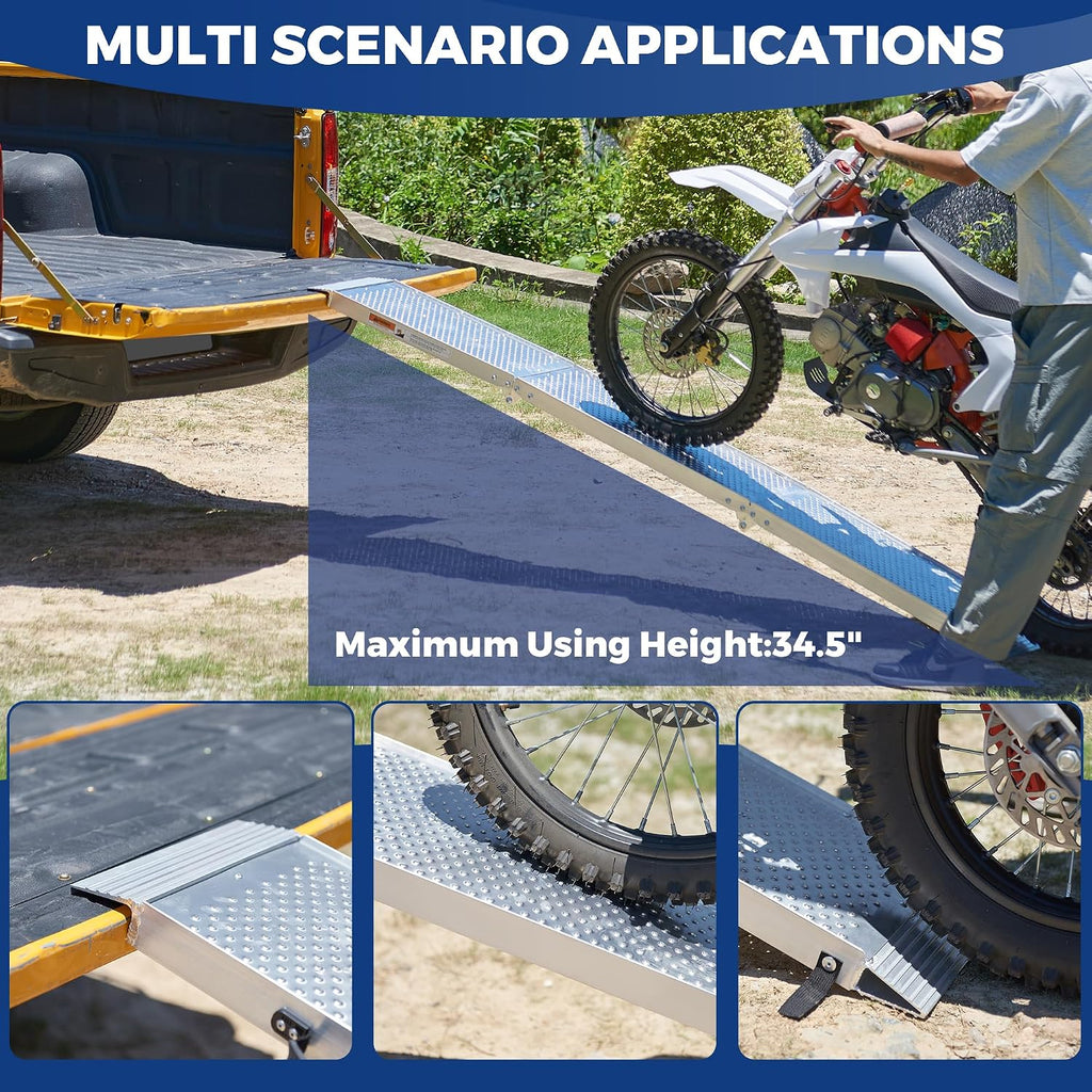 Aluminum Motorcycle Ramps & Loading Ramps for Pickup Trucks - Tri-Fold Lightweight Design for Dirt Bikes, Lawn