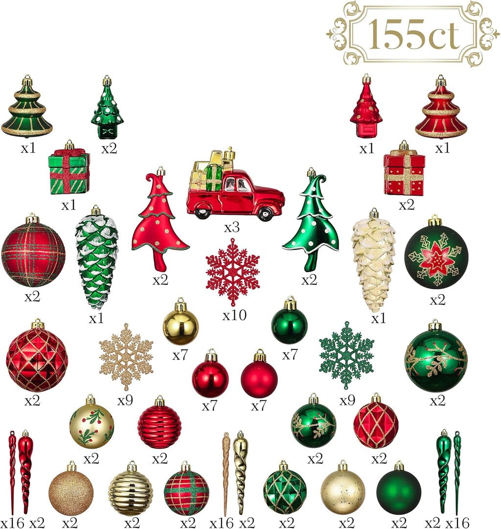 Christmas Tree Ornaments Set, 155ct Red Green and Gold Shatterproof Christmas Tree Decorations Bulk, Traditional