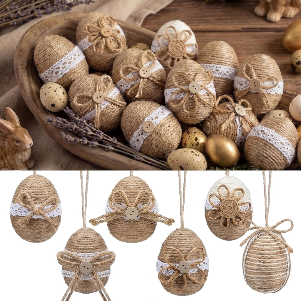 12 Pcs Farmhouse Burlap Easter Egg Ornaments Rustic Linen Rope Hanging Easter Eggs with Lace Wooden Button, Handmade