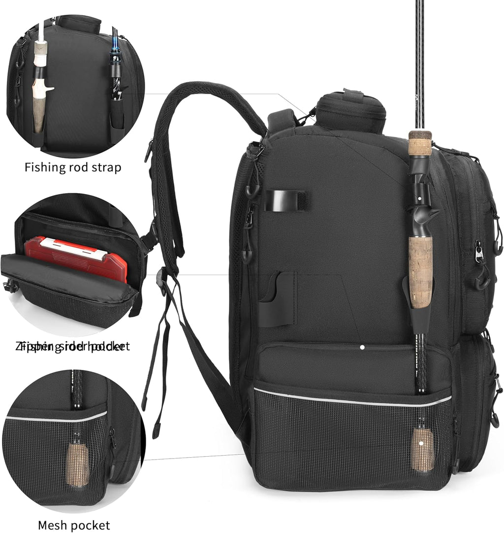 Fishing Tackle Backpack, 45L Storage Waterproof Travel Bag Store Fishing Gear with Insulated Top Pocket