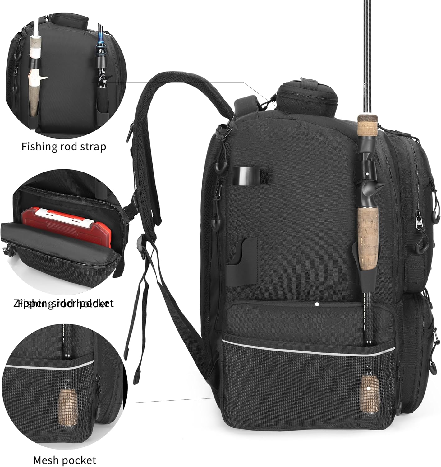 Fishing Tackle Backpack, 45L Storage Waterproof Travel Bag Store Fishing Gear with Insulated Top Pocket