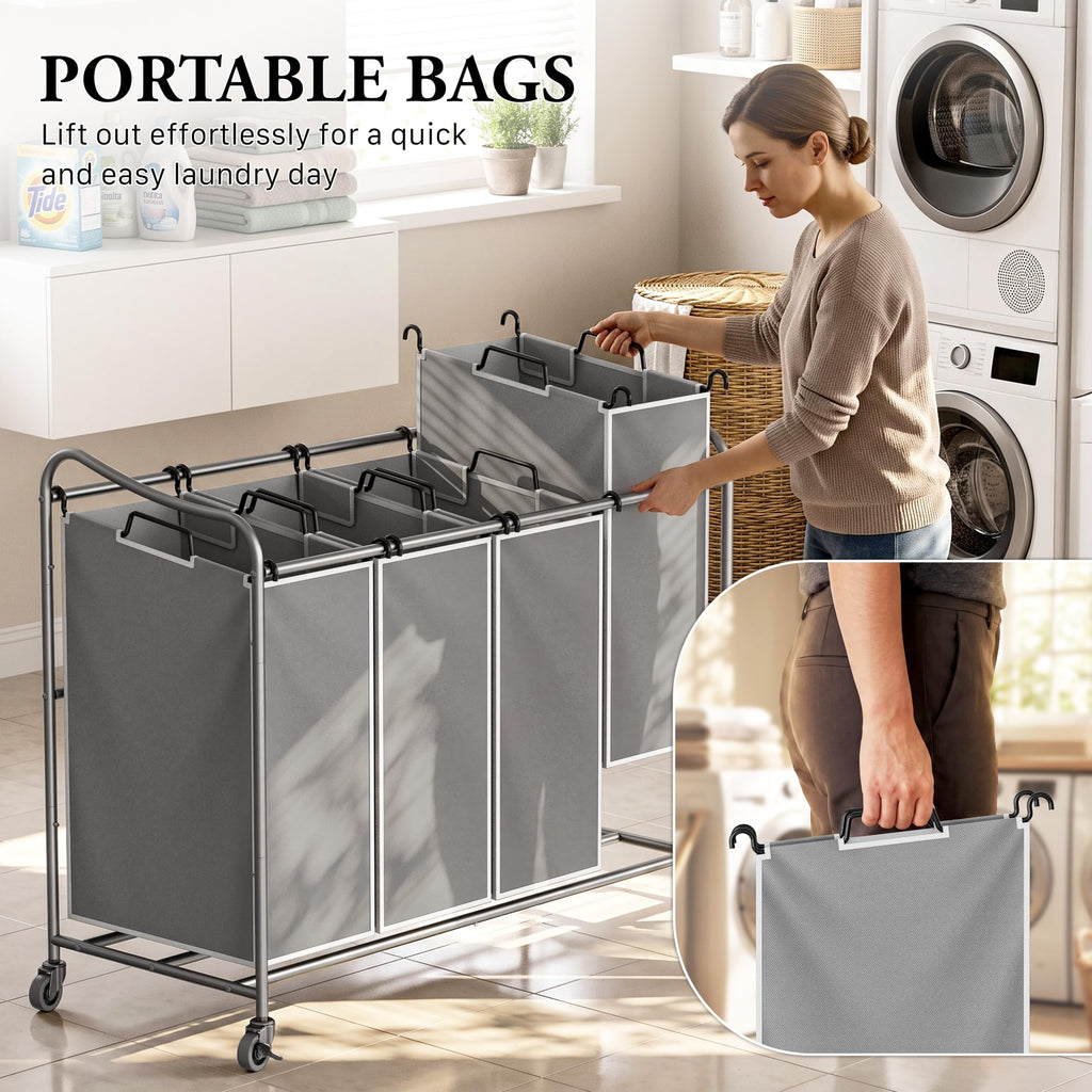 4-Bag Heavy Duty Laundry Sorter Rolling Cart, Silver
