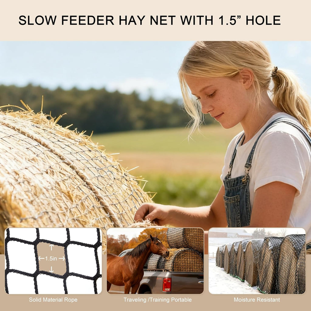 5x5ft Round Bale Hay Net for Horses Slow Feed, Knotless Feeder
