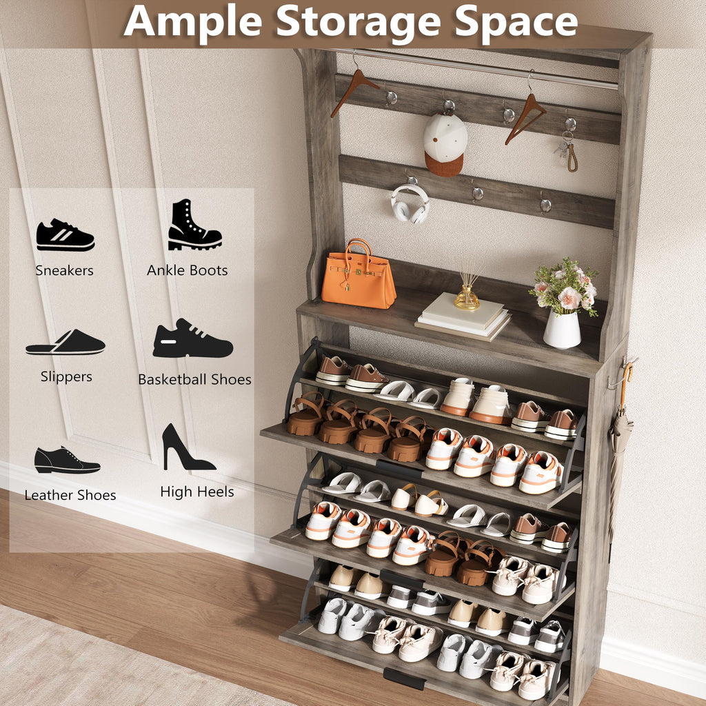 Shoe Cabinet for Entryway with Coat Rack, Slim Fluted Design
