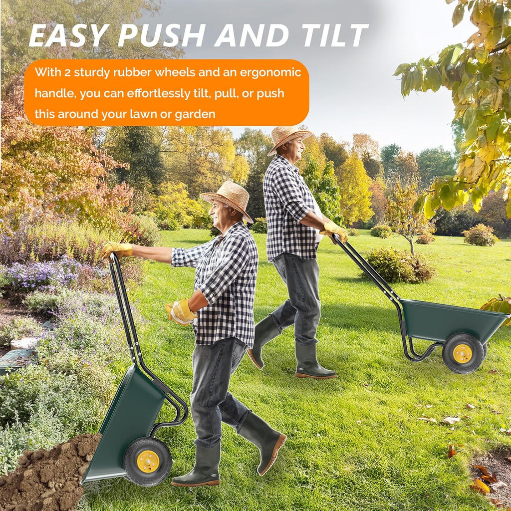 2 Wheel Wheelbarrow, Plastic and Steel Wheel Barrel, 330lbs Capacity Garden Cart for Lawn, Gardening, Construction