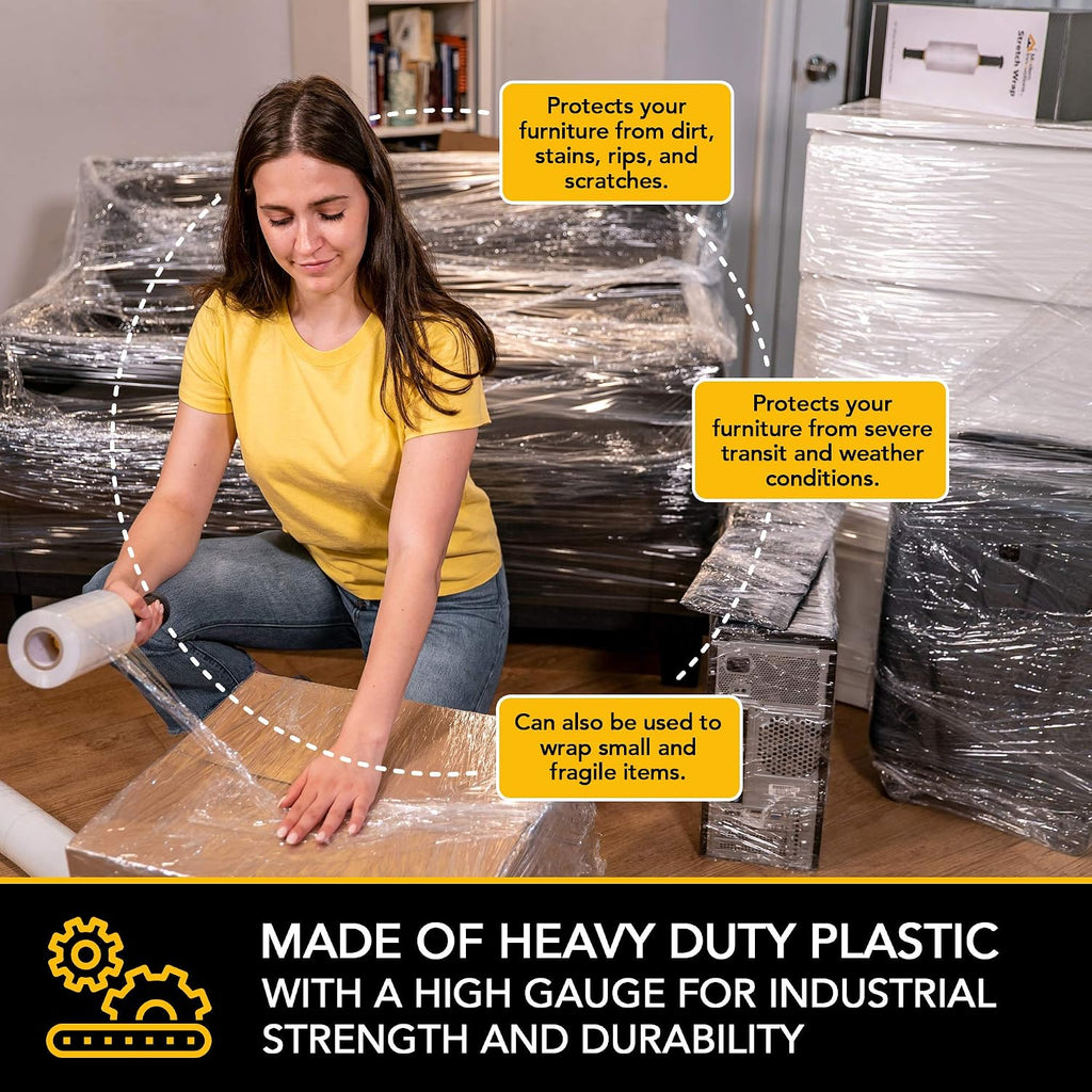 15 Inch Clear Stretch Wrap Roll with Handles (1 Roll-1000 Feet) Heavy Duty Shrink Wrap for Moving, Packing Supplies