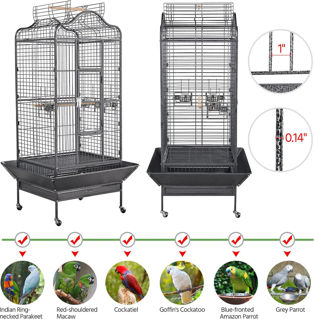 Extra Large Bird Cage 63'' Open Play Top Bird Cage for African Grey Parrots/Amazon Parrot/Caiques/Macaw with 360° Wheels
