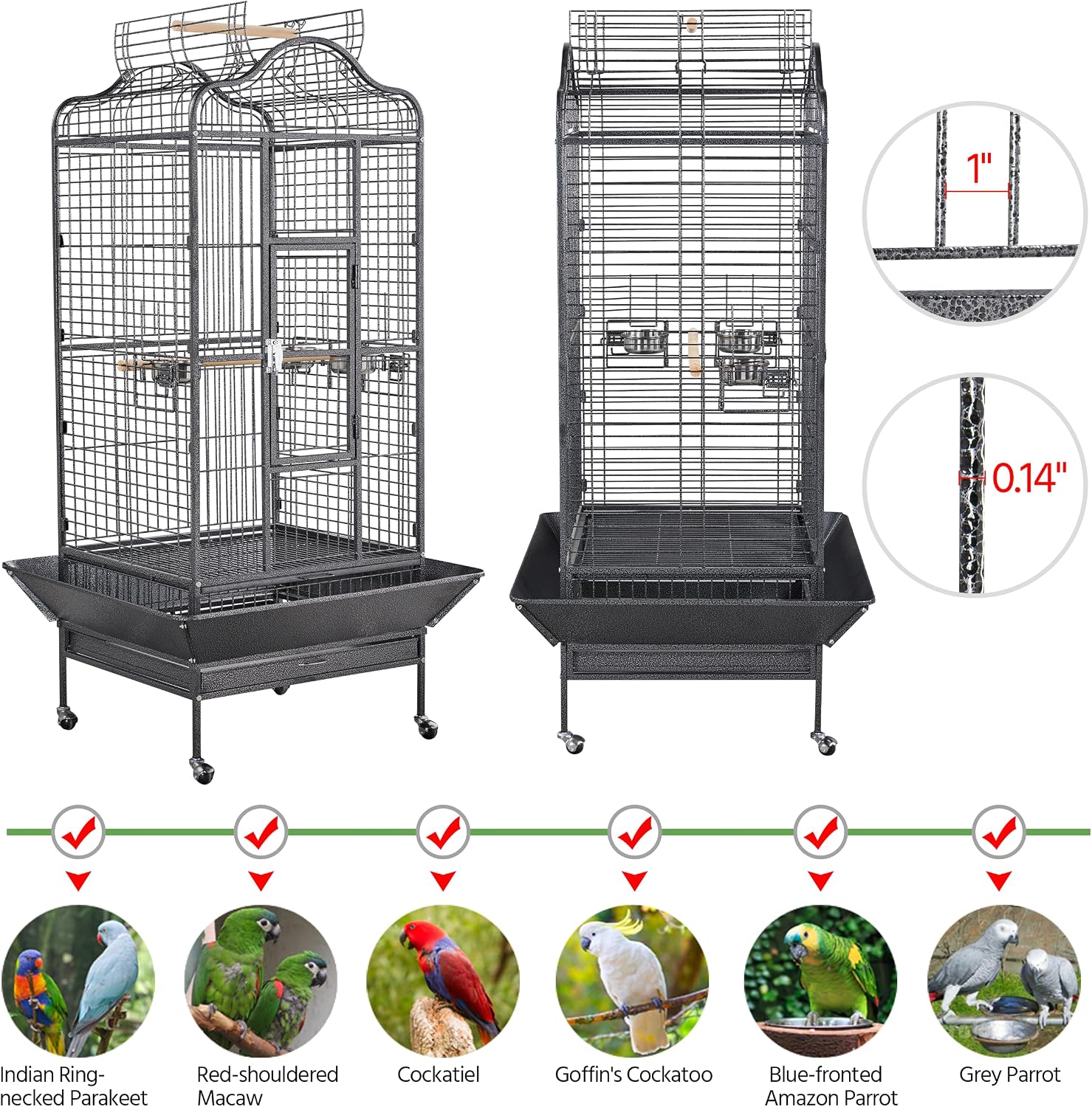 Extra Large Bird Cage 63'' Open Play Top Bird Cage for African Grey Parrots/Amazon Parrot/Caiques/Macaw with 360° Wheels
