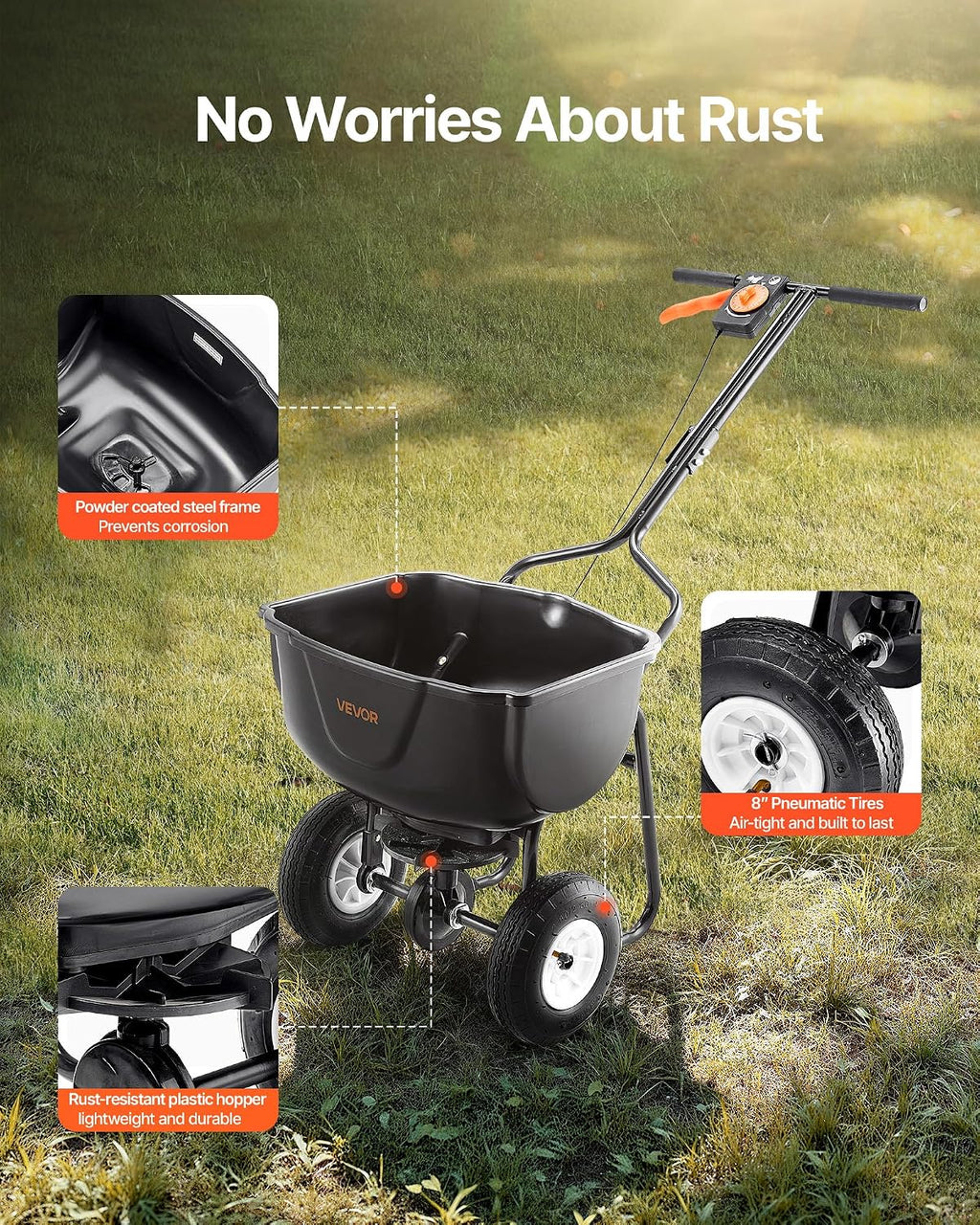 Walk Behind Spreader, 60LBS Capacity, Push Spreader with 0-9.8 ft Spreading Width, 8 in All Terrain Pneumatic Tires
