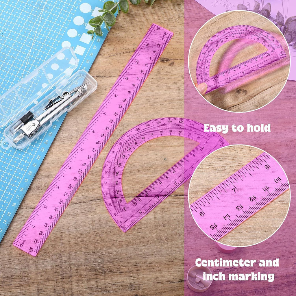 3 Pcs Plastic Ruler 6 Inch Protractor Drawing Compass Set, Student Geometry Math Transparent Measuring Tools for Home