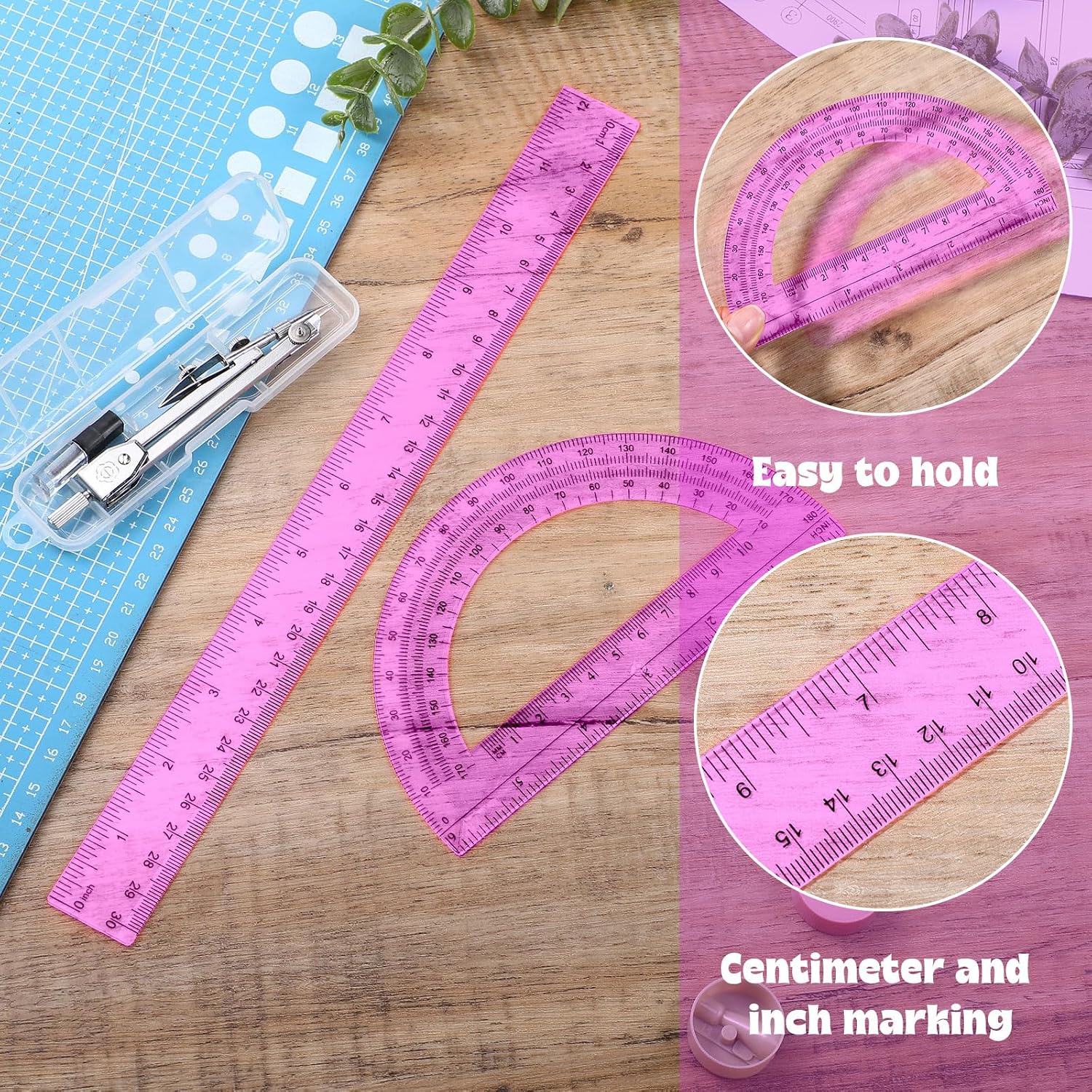3 Pcs Plastic Ruler 6 Inch Protractor Drawing Compass Set, Student Geometry Math Transparent Measuring Tools for Home