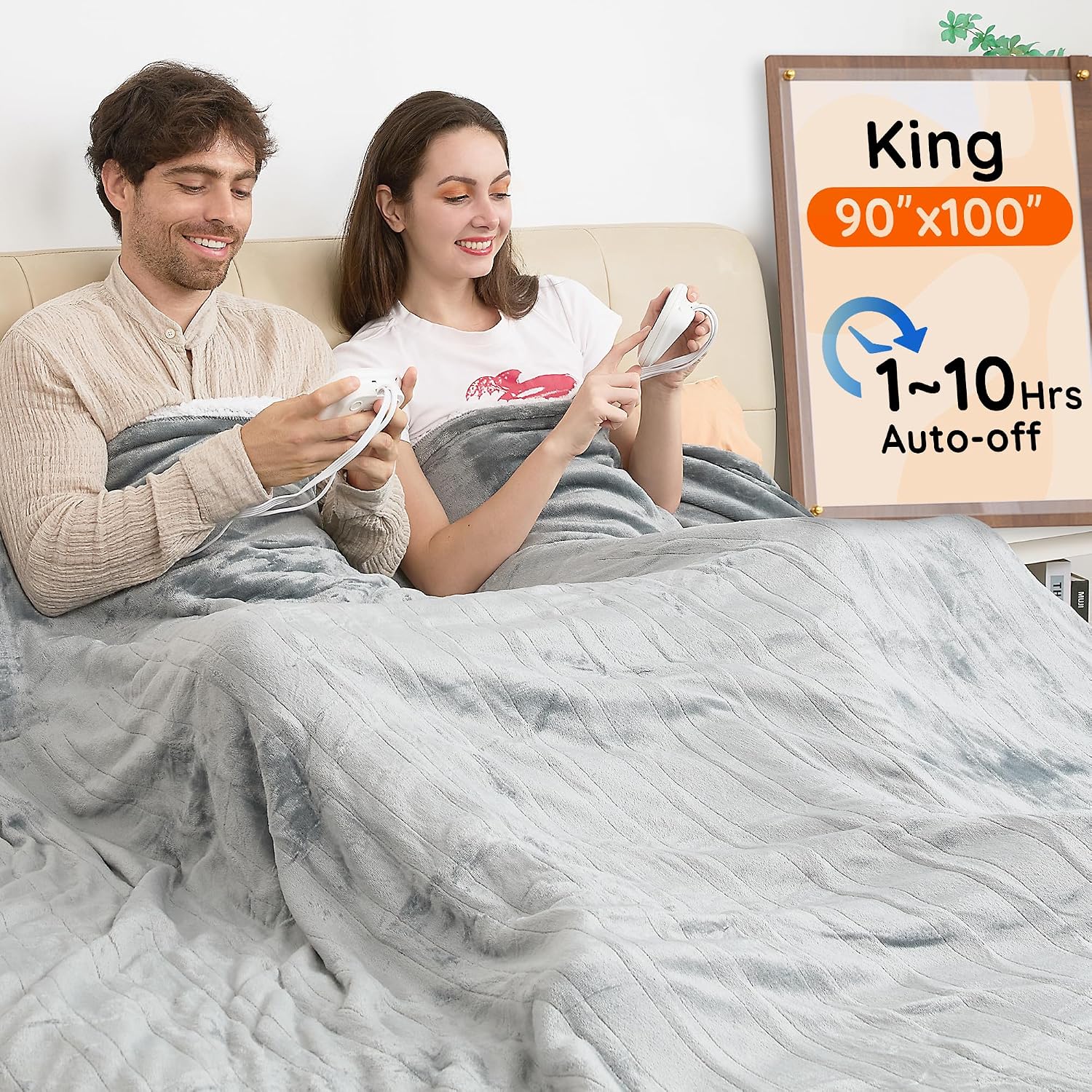 Electric Blanket King -90"x100" Dual Control Flannel Heated Blanket, 10 Heat Levels, 10-Hour Auto-Off, Fast Heating