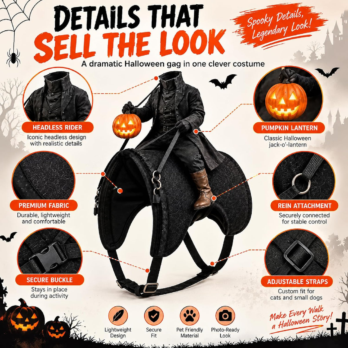 Headless Horseman Cat Costume, Halloween Rider Illusion Pet Outfit