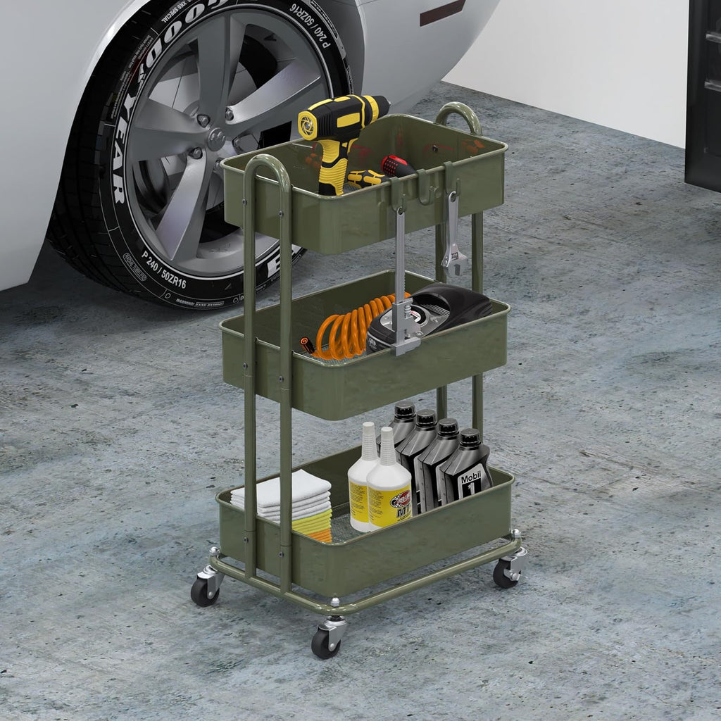3-Tier Heavy Duty Metal Utility Rolling Cart, Army Green