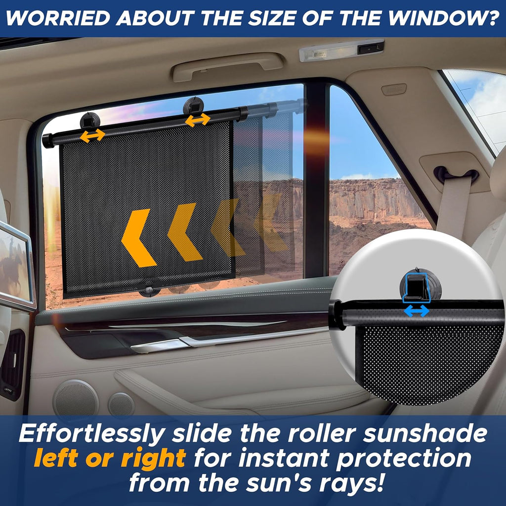 Car Side Window Sun Shade (2 Pack) | Retractable Roller Sunshade for Kids | Baby Car Window Shades for UV and Sun