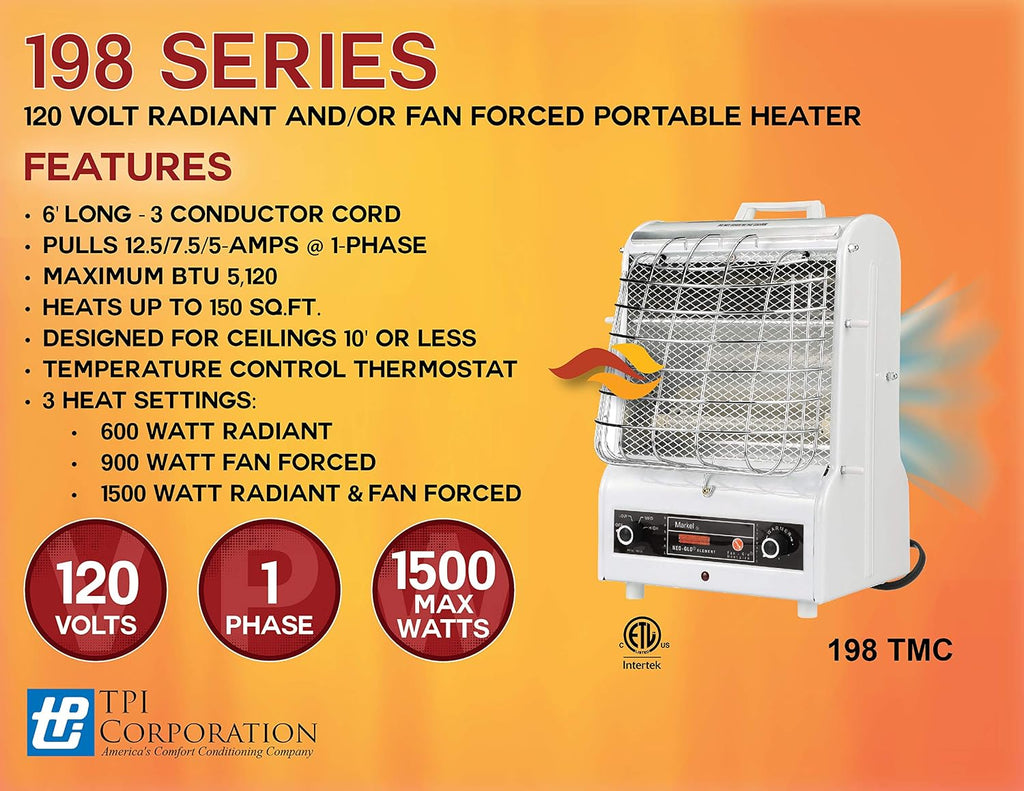 Corporation 198TMC Fan Forced Portable Heater – Radiant, 1500/900/600W, 120V, Winter Heating Equipment. Heating