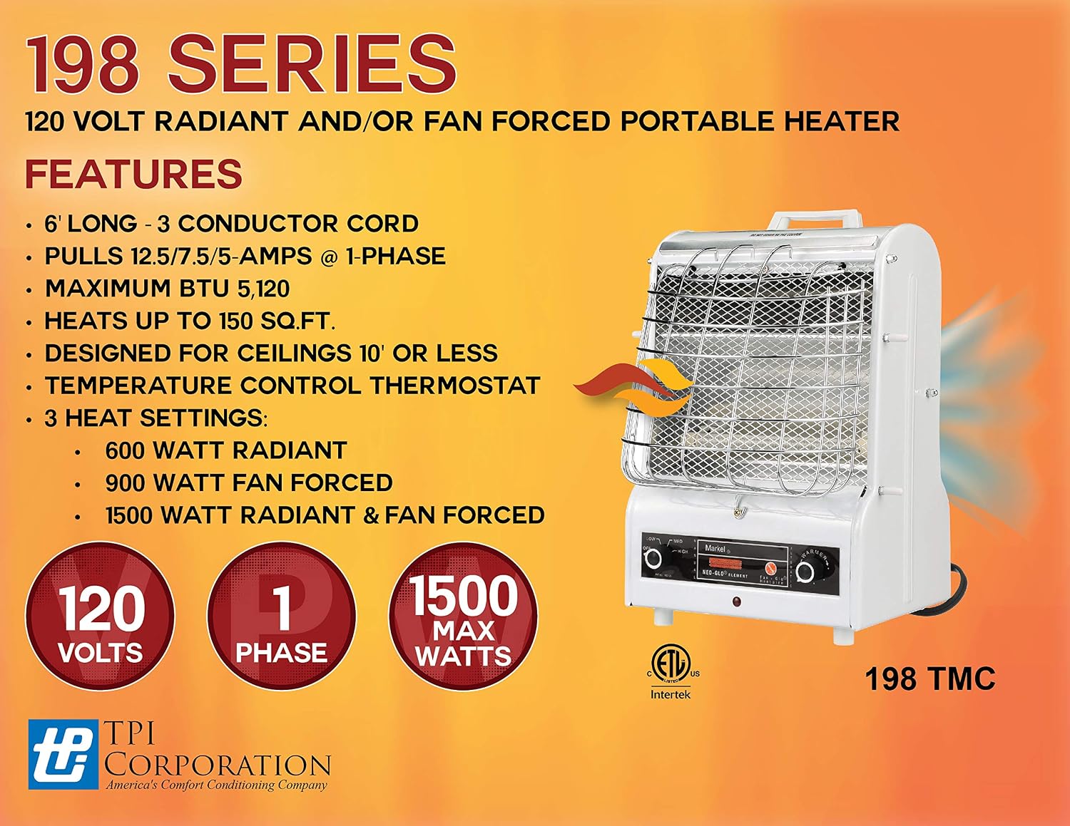 Corporation 198TMC Fan Forced Portable Heater – Radiant, 1500/900/600W, 120V, Winter Heating Equipment. Heating