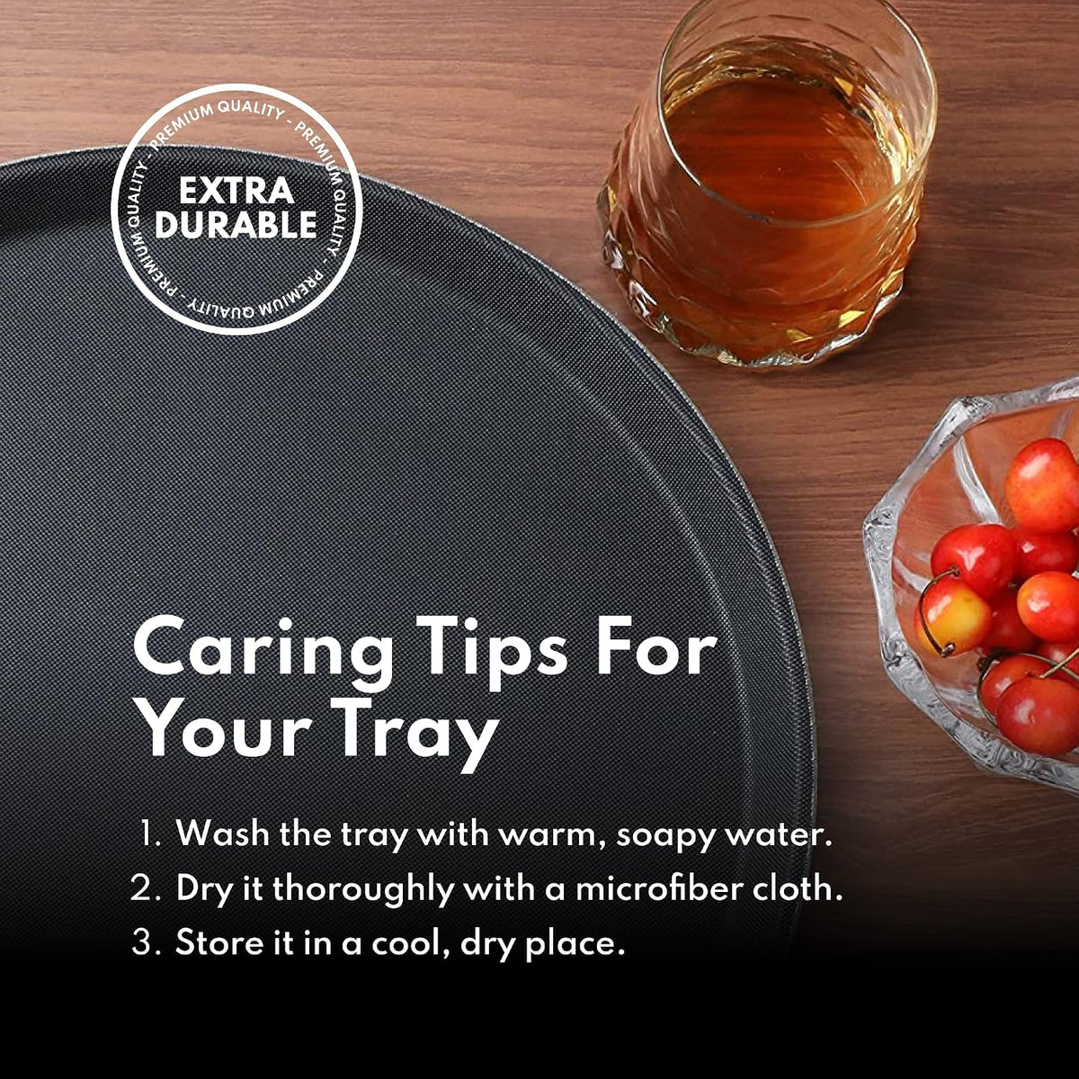 Non-Slip Serving Tray, 18 Inch Round Black Plastic