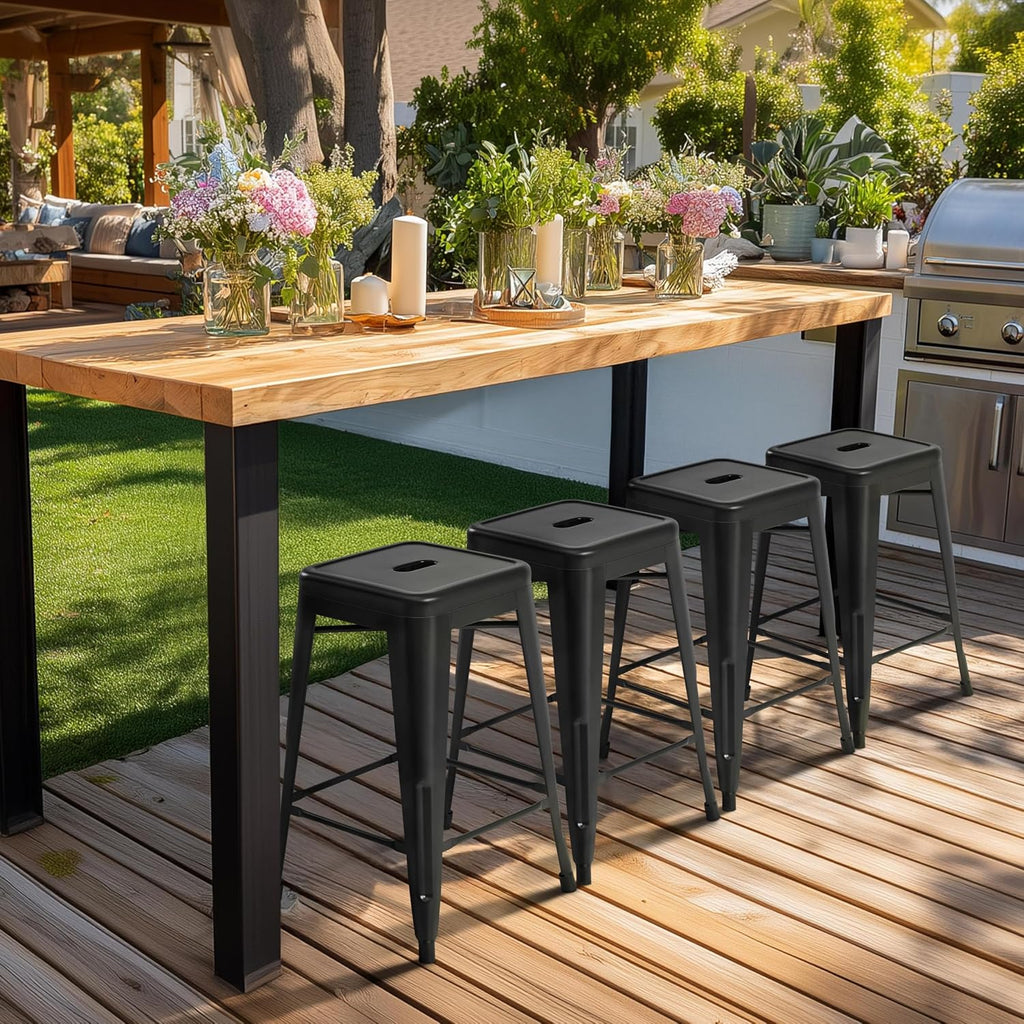 24 Inch Metal Bar Stools Set of 4, Stackable Barstools, Black
