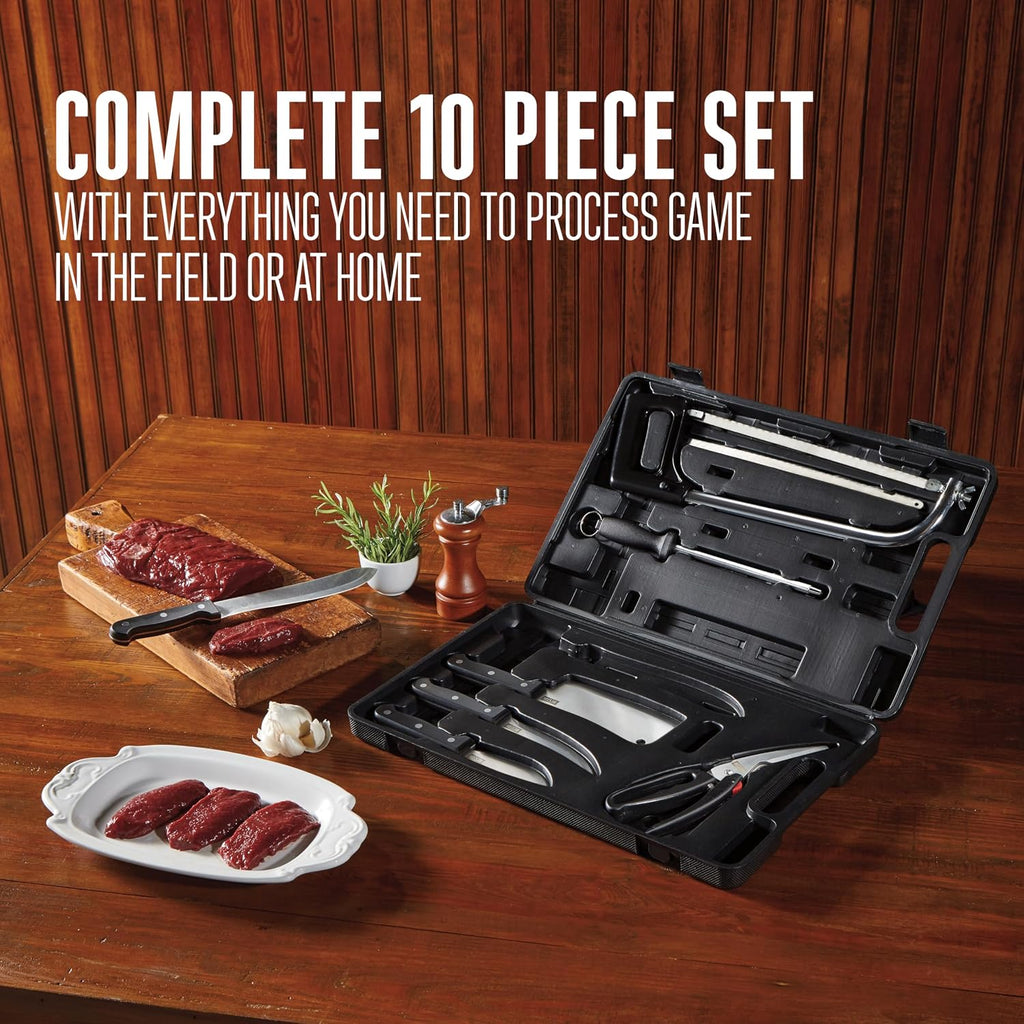 10-Piece Game Processing Knife Kit, 8" Butcher, 6" Cleaver, 5.3" Fillet, and 4.2" Skinning Knives, Adjustable 12.25"
