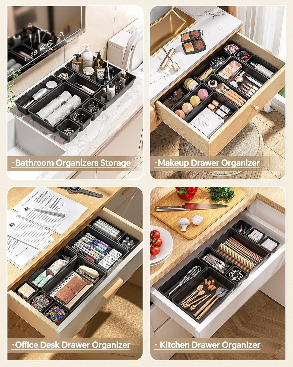 25 PCS Plastic Drawer Organizers Set, 4 Sizes Vanity Organizer, Makeup and Desk Drawer Organizer Trays, Organization