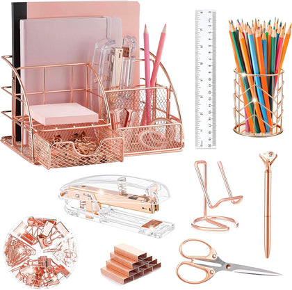 Rose Gold Desk Organizers and Accessories Office Supplies Set Stapler, Pen Holder, Phone Holder, Scissors, Pen