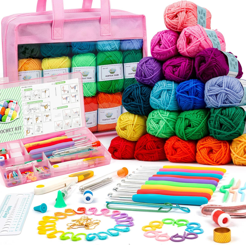 Crochet Yarn Kit for Beginners Adults and Kids, Includes 1650 Yards 30 Colors Acrylic Skeins, User Manual, Hooks