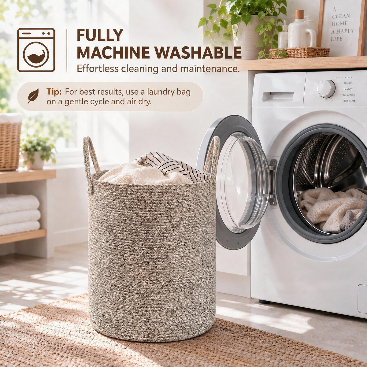 60L Cotton Rope Laundry Basket Hamper, Oatmeal