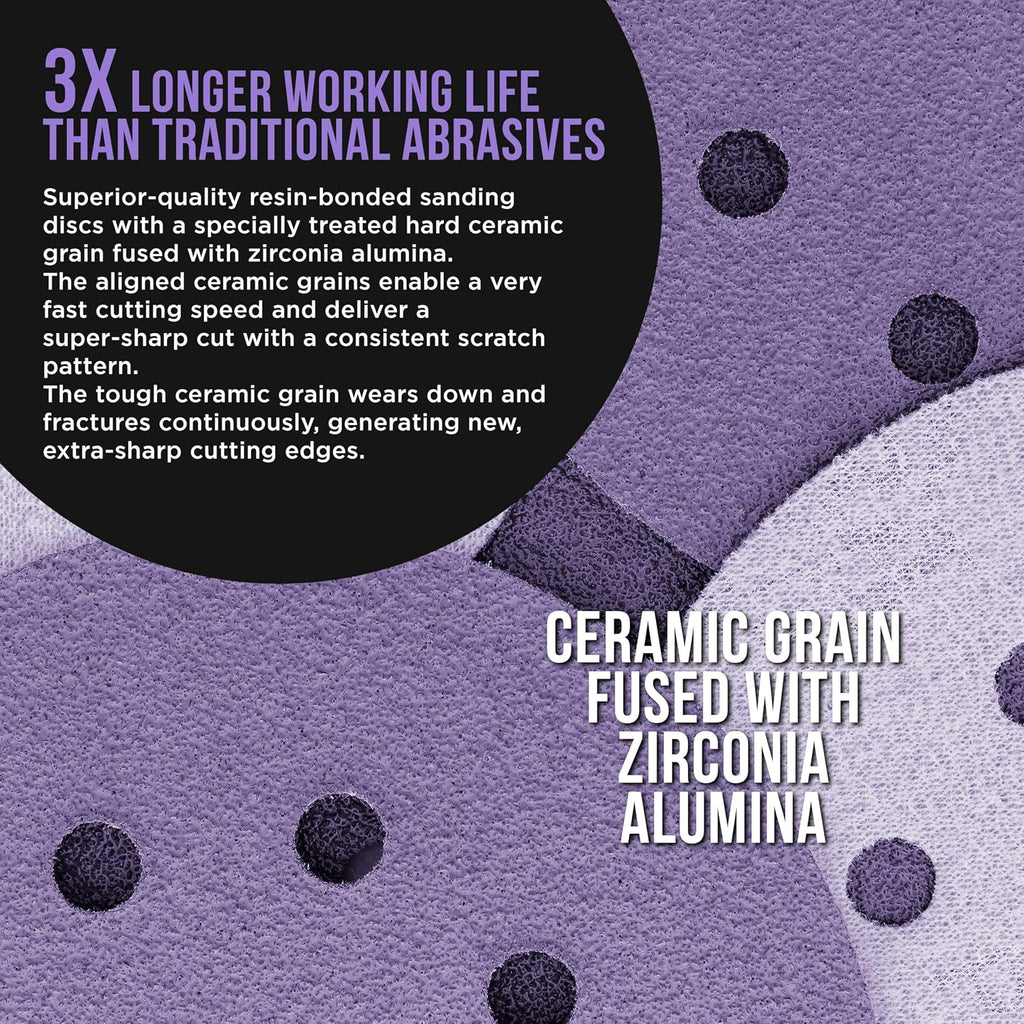 Premium 5" Purple Film Ceramic Sanding Discs, 8-Hole Pattern, 50 Disc Variety Pack, Grits 60, 80, 120, 180, 220, 320