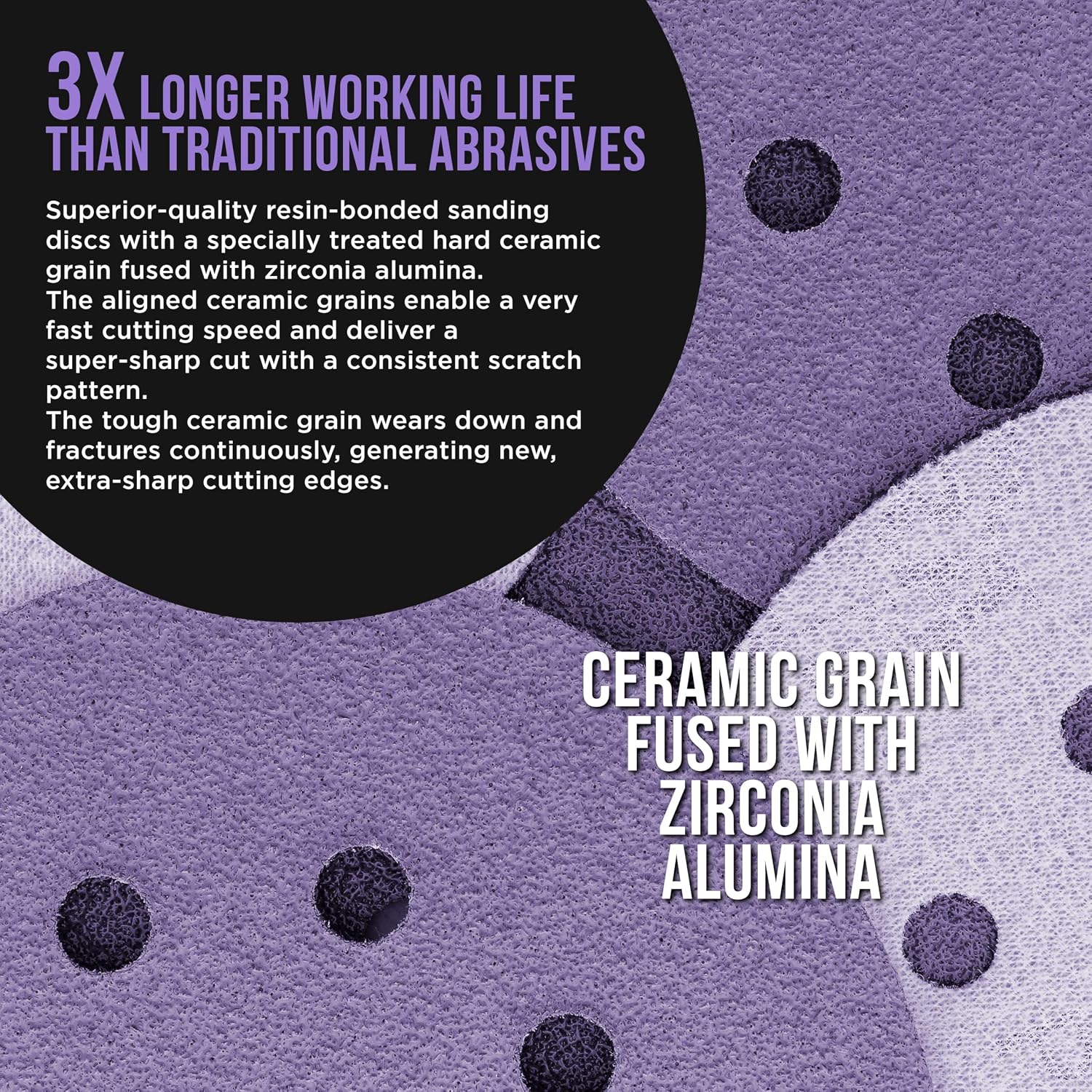 Premium 5" Purple Film Ceramic Sanding Discs, 8-Hole Pattern, 50 Disc Variety Pack, Grits 60, 80, 120, 180, 220, 320