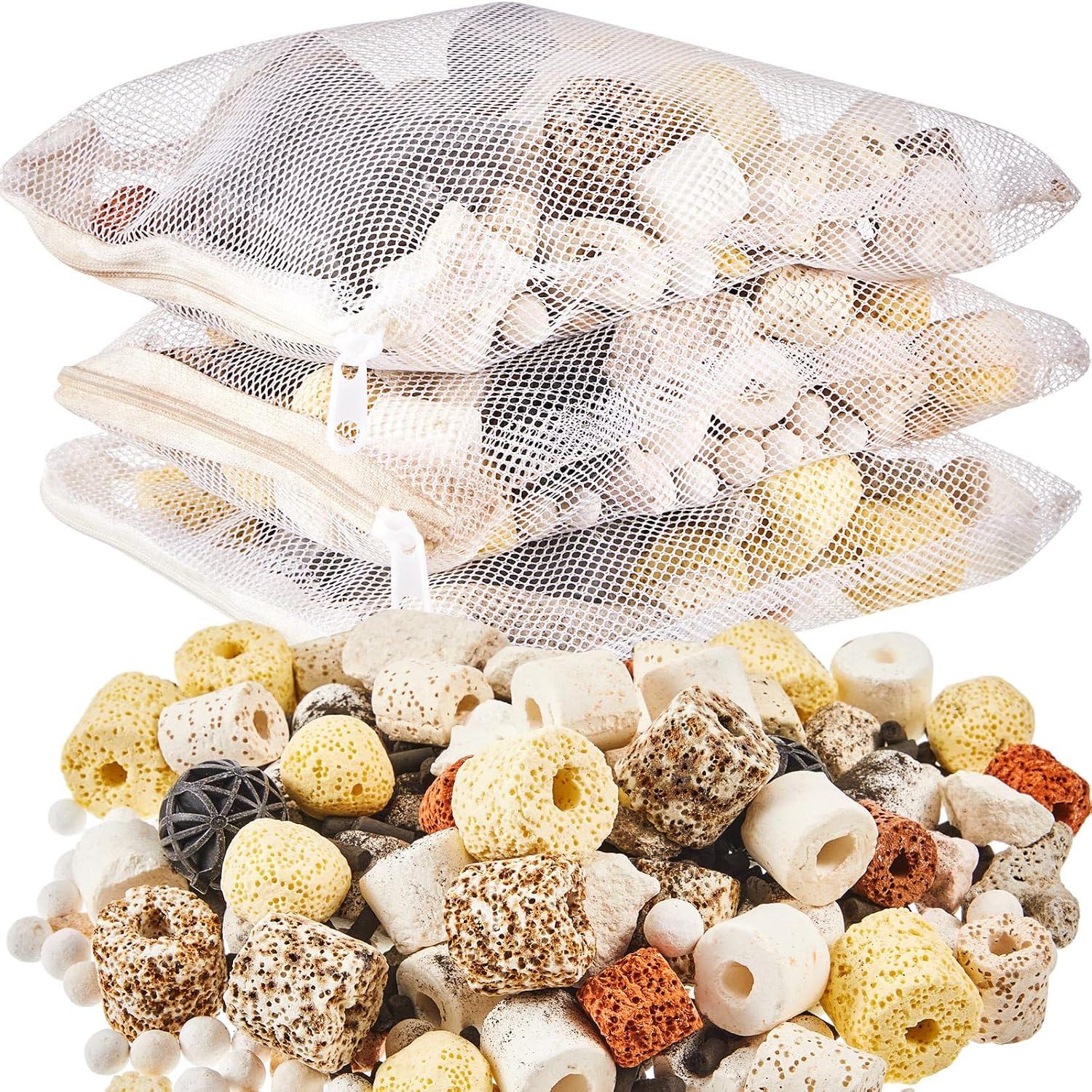 3 Bags Aquarium Filter Media Bio Balls Ceramic Rings Set 1500 g Total 3.3 lb 12 in 1 with Mesh Bag Ceramic Rings for