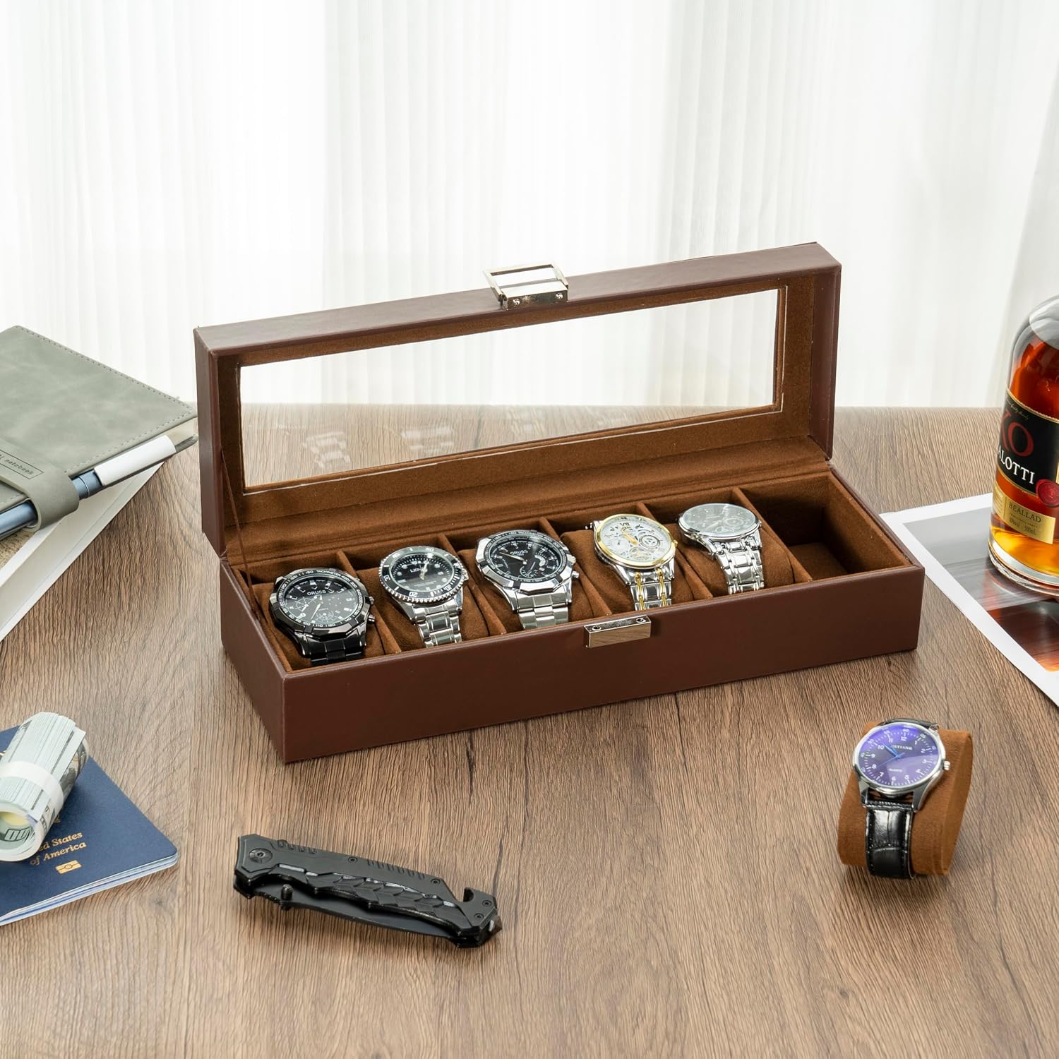 Watch Box, 6 Slot Mens Watch Display Case, Espresso | Watches Collection Storage Holder Organizer for Men Women
