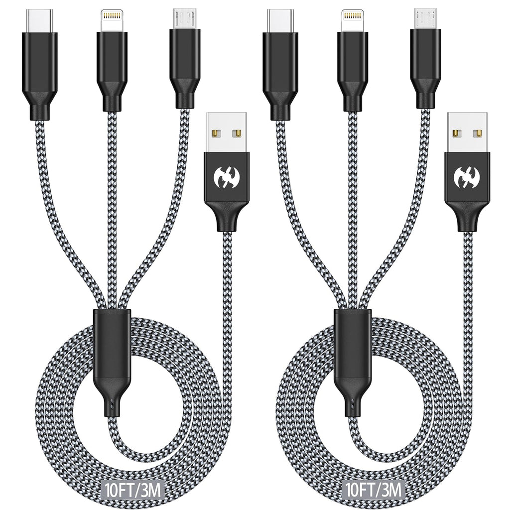 Multi Charging Cable 10ft 2Pack 3 in 1 Charger Cord, Long Multiple Cable | Rapid Nylon Braided USB Charging Cable