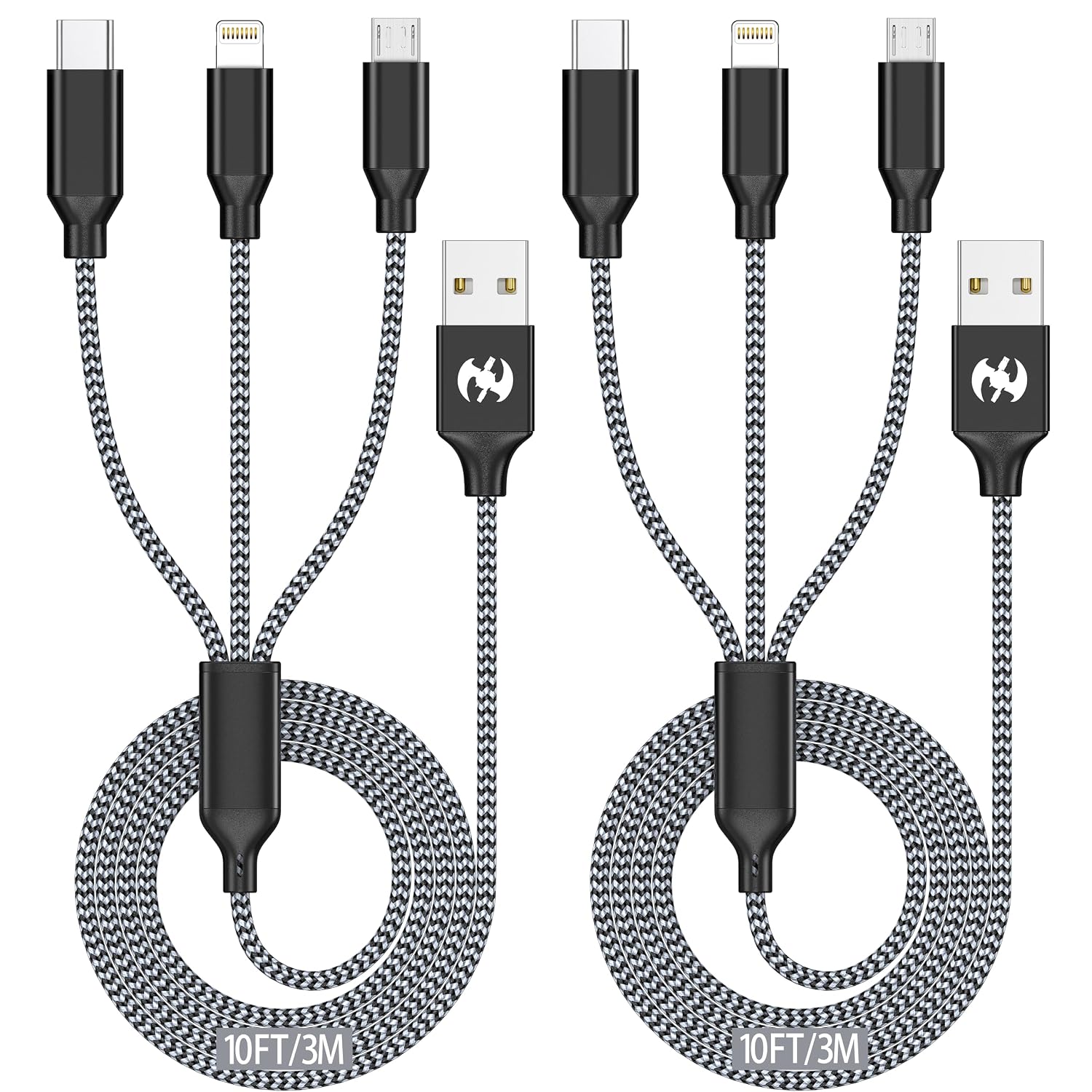 Multi Charging Cable 10ft 2Pack 3 in 1 Charger Cord, Long Multiple Cable | Rapid Nylon Braided USB Charging Cable