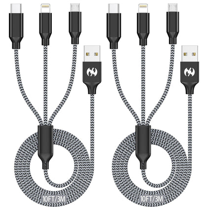 Multi Charging Cable 10ft 2Pack 3 in 1 Charger Cord, Long Multiple Cable | Rapid Nylon Braided USB Charging Cable