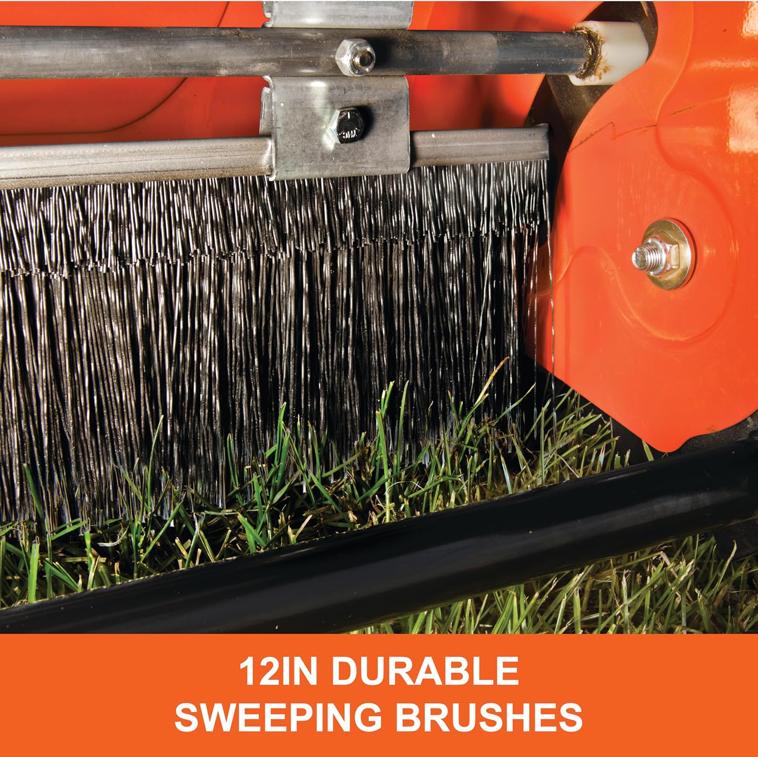 44 In Tow-Behind Lawn Sweeper with 28 Cu Ft Flow-Through Hopper Bag, Adjustable Brush Height, and Dump From Seat Handle