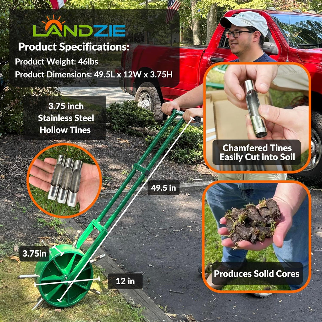 AeroCore Rolling Lawn Aerator – Manual Core Plug Aerator with Chamfered Hollow Tines – Heavy-Duty 38.8 Pound Wheel
