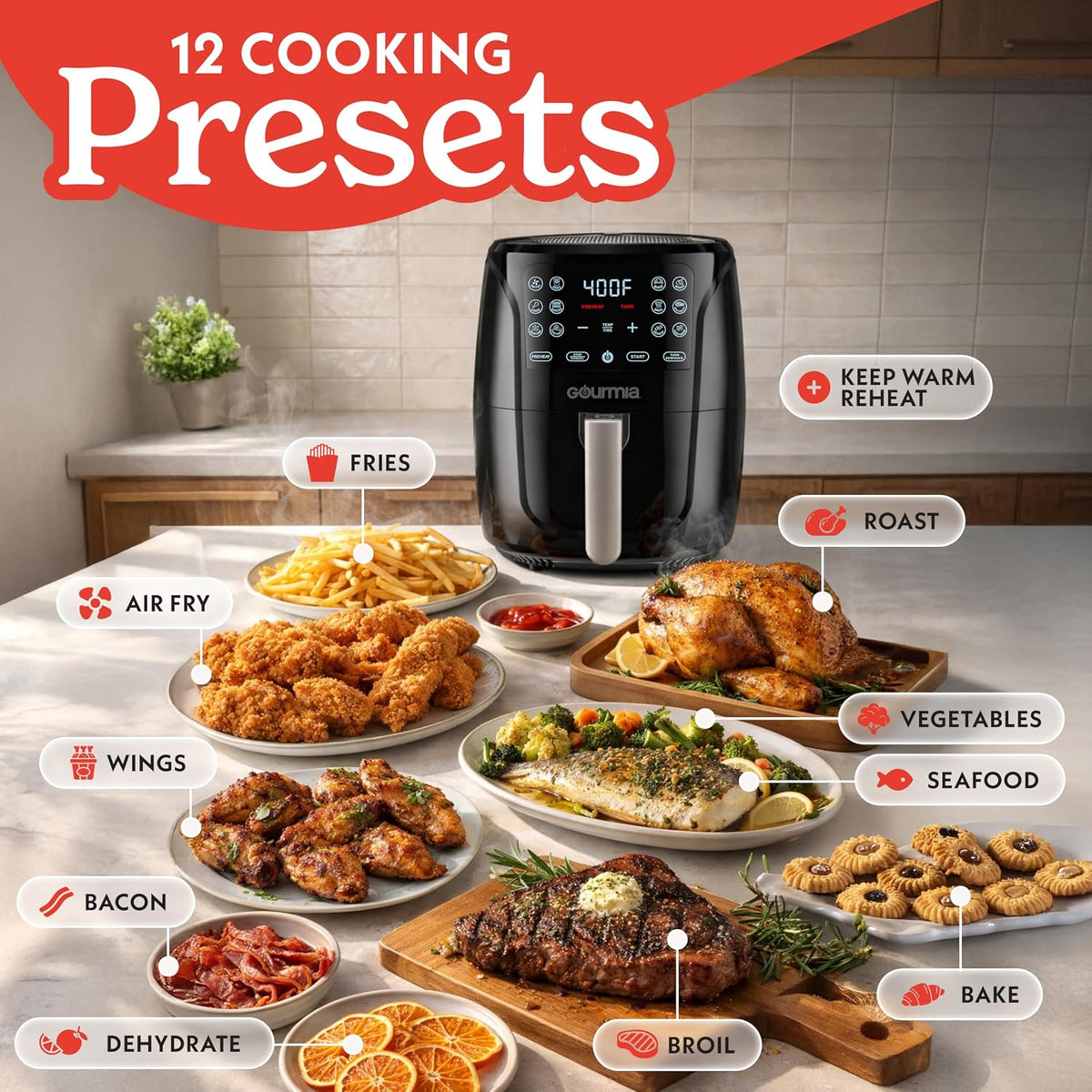 Air Fryer - 6 Qt Large Capacity, FryForce 360º, Digital Display with 12 Presets, Roast, Bake, Broil, Dehydrate