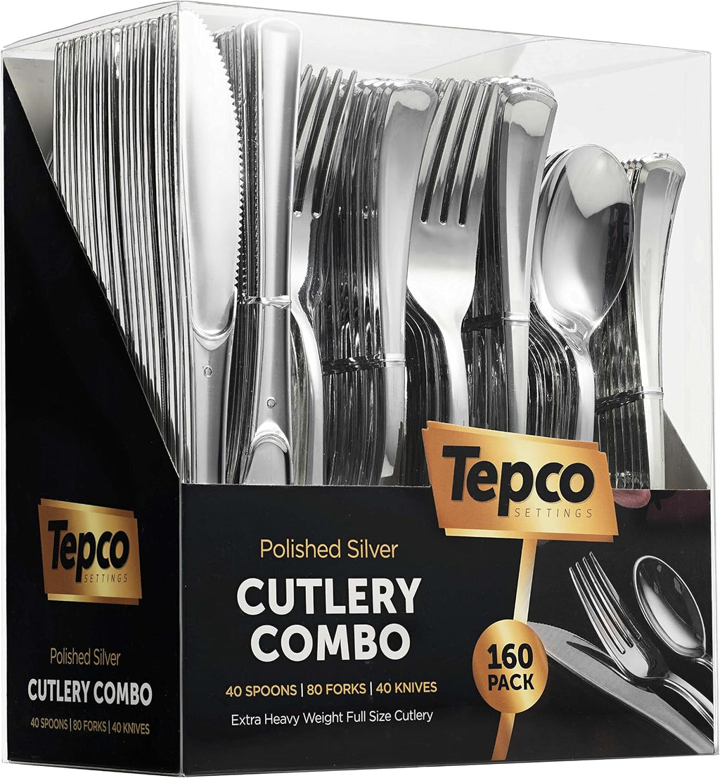 Plastic Silverware Set- Silver Flatware Set- Heavy Duty Cutlery Set - Bulk Combo Value Pack 160 count 40 Knives 80
