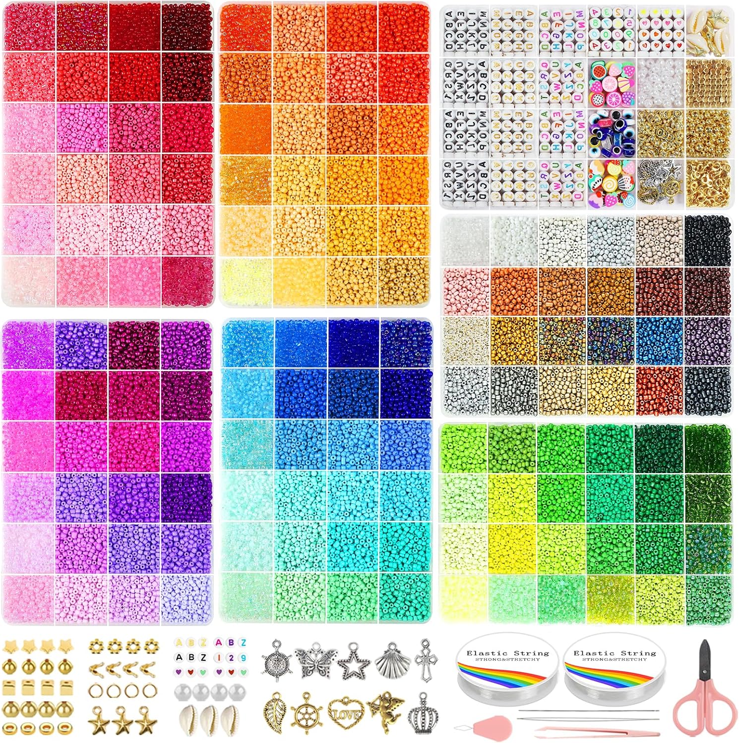 3mm 45000pcs Glass Seed Beads Kit, 7 Boxes 144 Colors Small Beads for Bracelets, Friendship Bracelet Kit with Charms