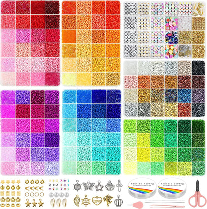 3mm 45000pcs Glass Seed Beads Kit, 7 Boxes 144 Colors Small Beads for Bracelets, Friendship Bracelet Kit with Charms
