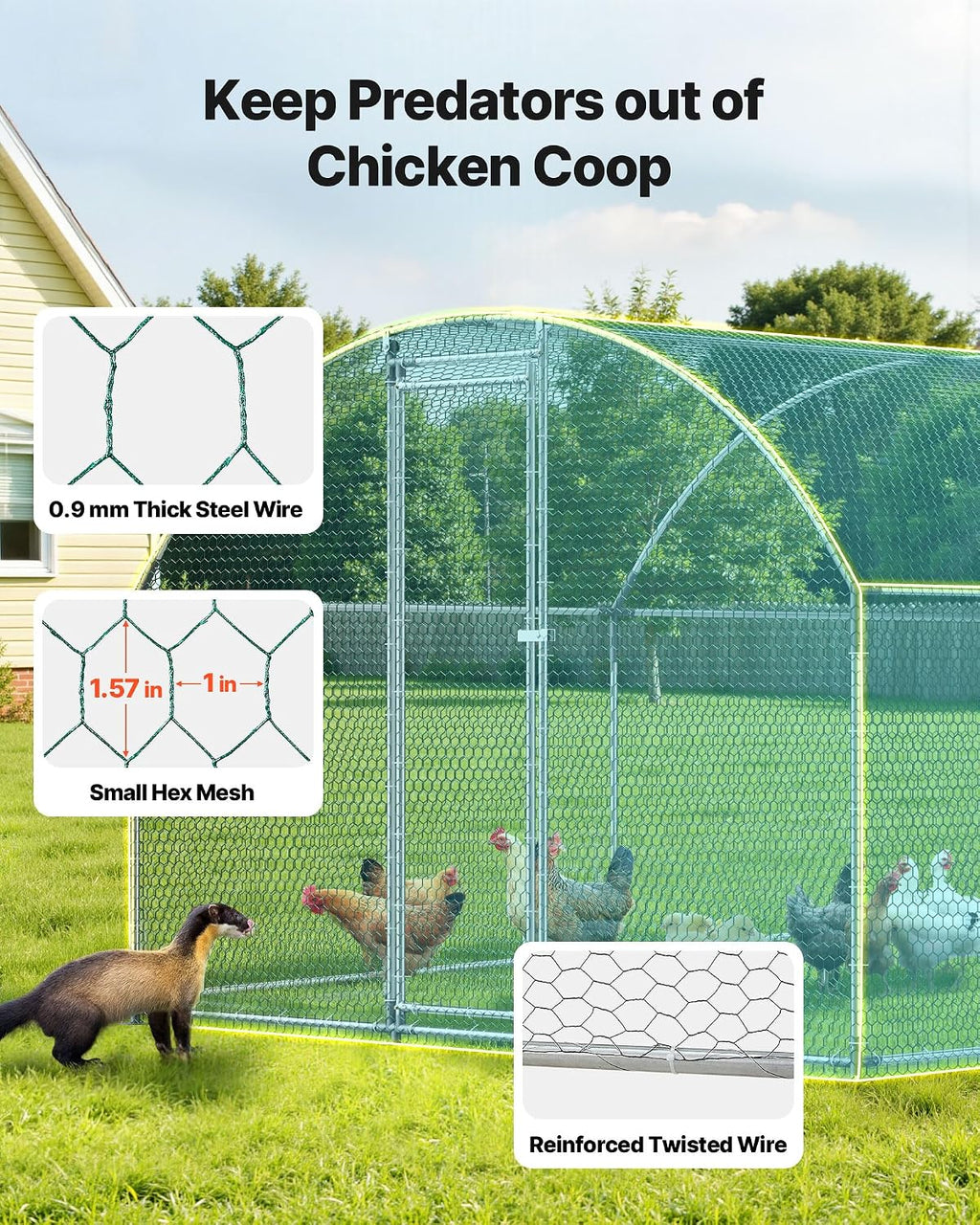 Large Metal Chicken Coop with Run, 19.6 x 9.8 x 6.5 ft Walkin Chicken Coop for Yard with Waterproof Cover, Dome Roof