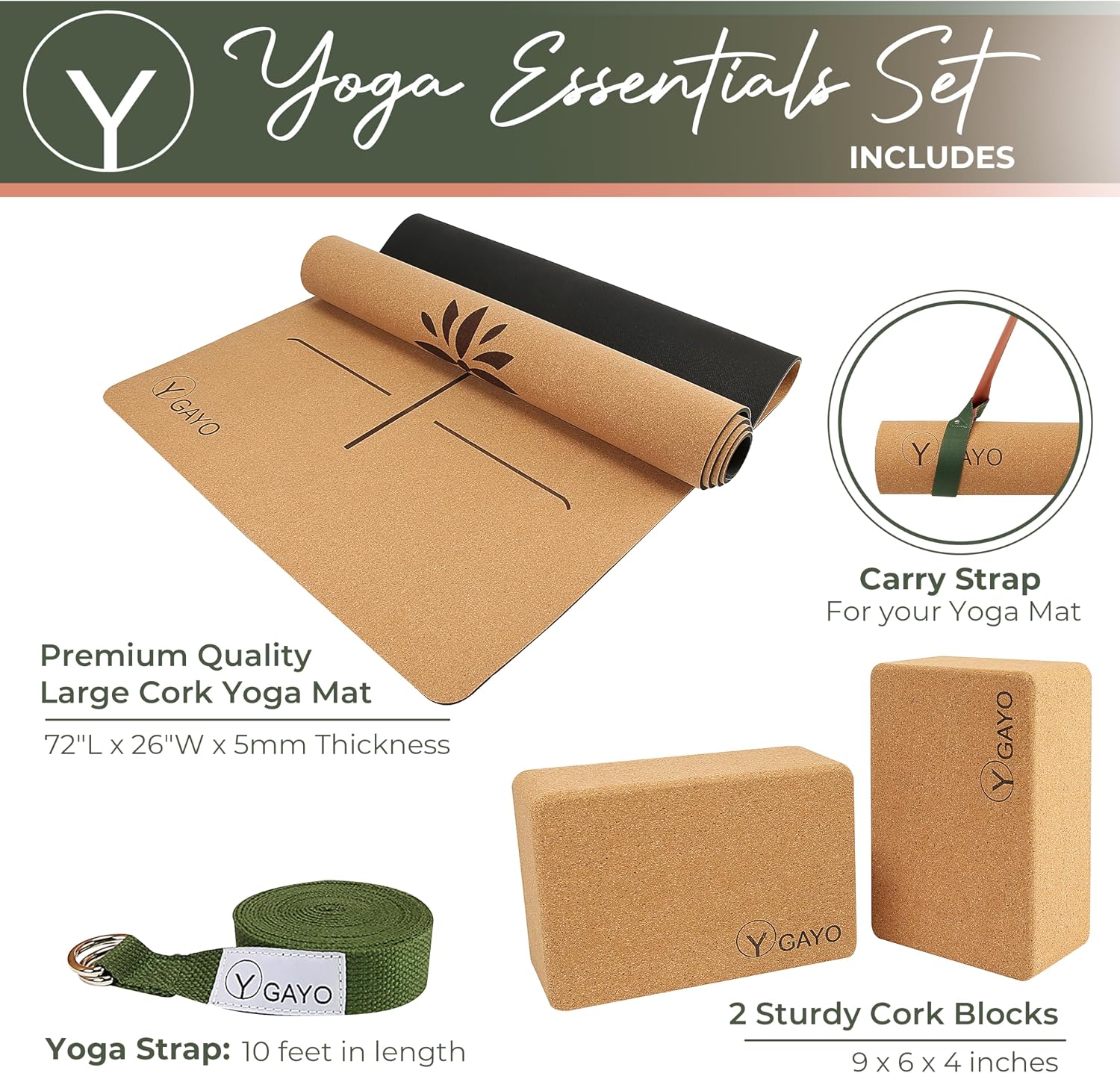 Premium Cork All-in-One Yoga Essentials Kit -Large Cork Yoga Mat 5mm and Blocks Set with Carry Strap and Alignment