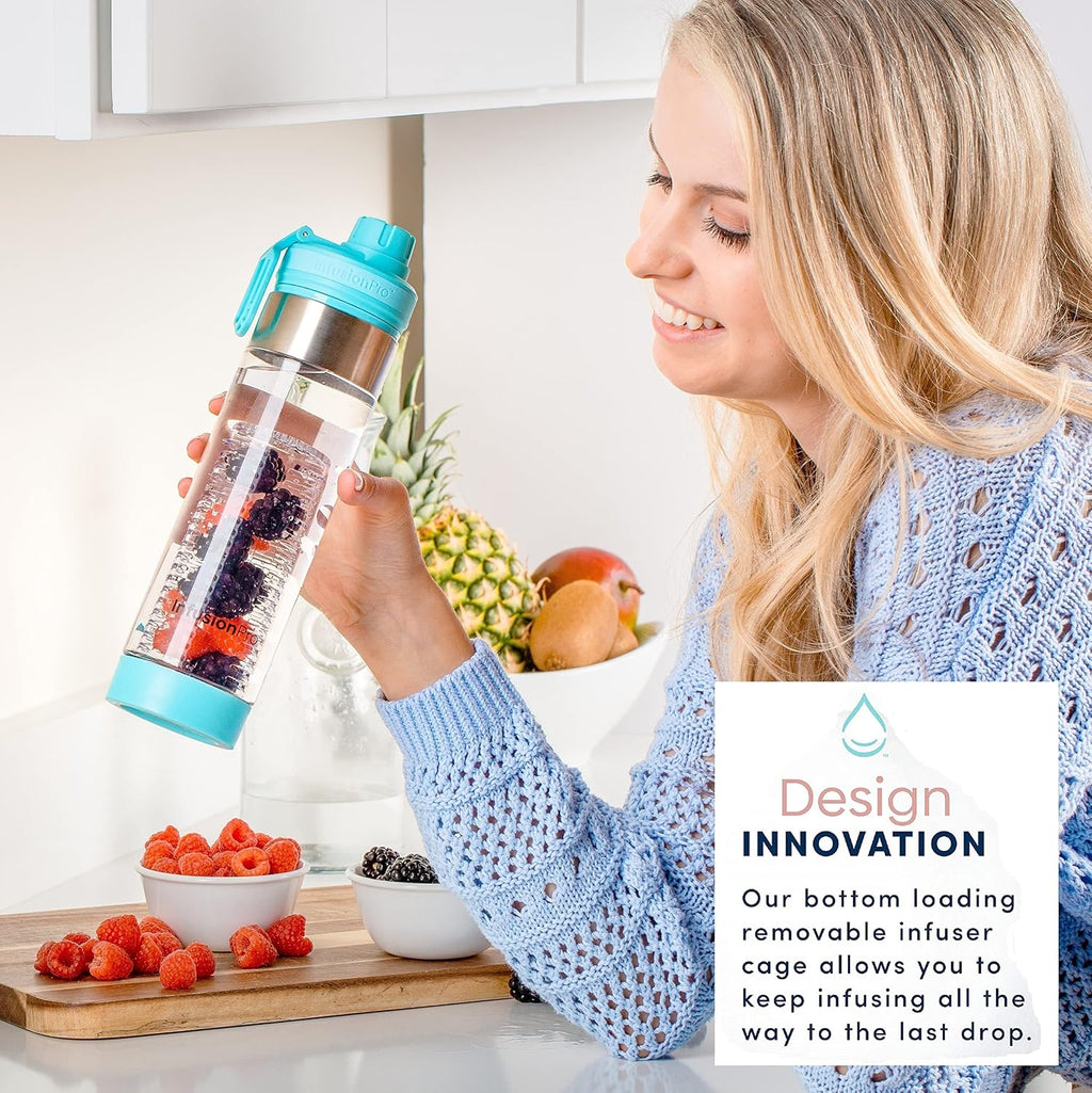 24 oz Fruit Infuser Water Bottle with Twist Cap Lid : Insulated Sleeve & Infused Water Recipe eBook : Bottom Loading