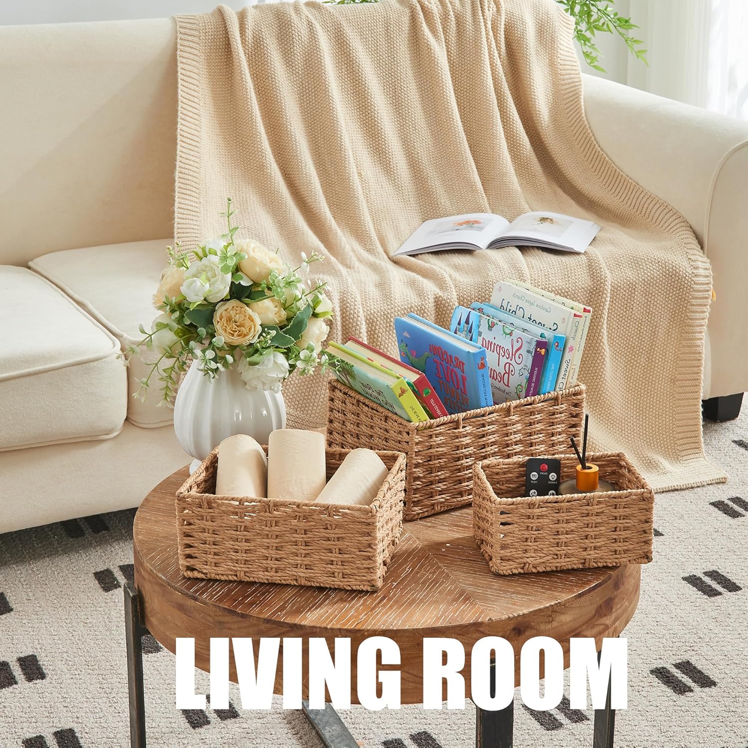 Small Wicker Basket for Organizing, Woven Storage Basket Set of 3 - Handwoven Natural Paper Rope Baskets to Declutter