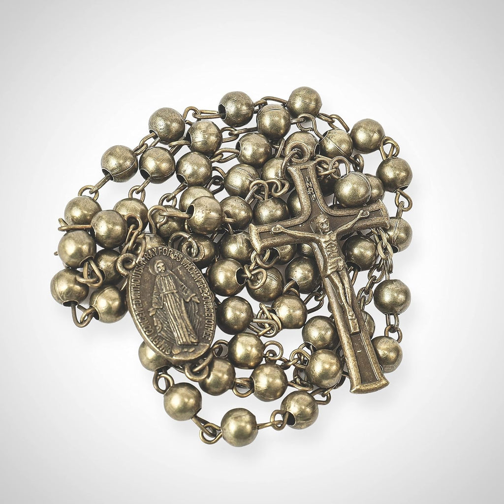 Nazareth Store WWII Combat Design Bronze Rosary Beads Handmade Metal Beaded Men Necklace Miraculous Medal with Jesus