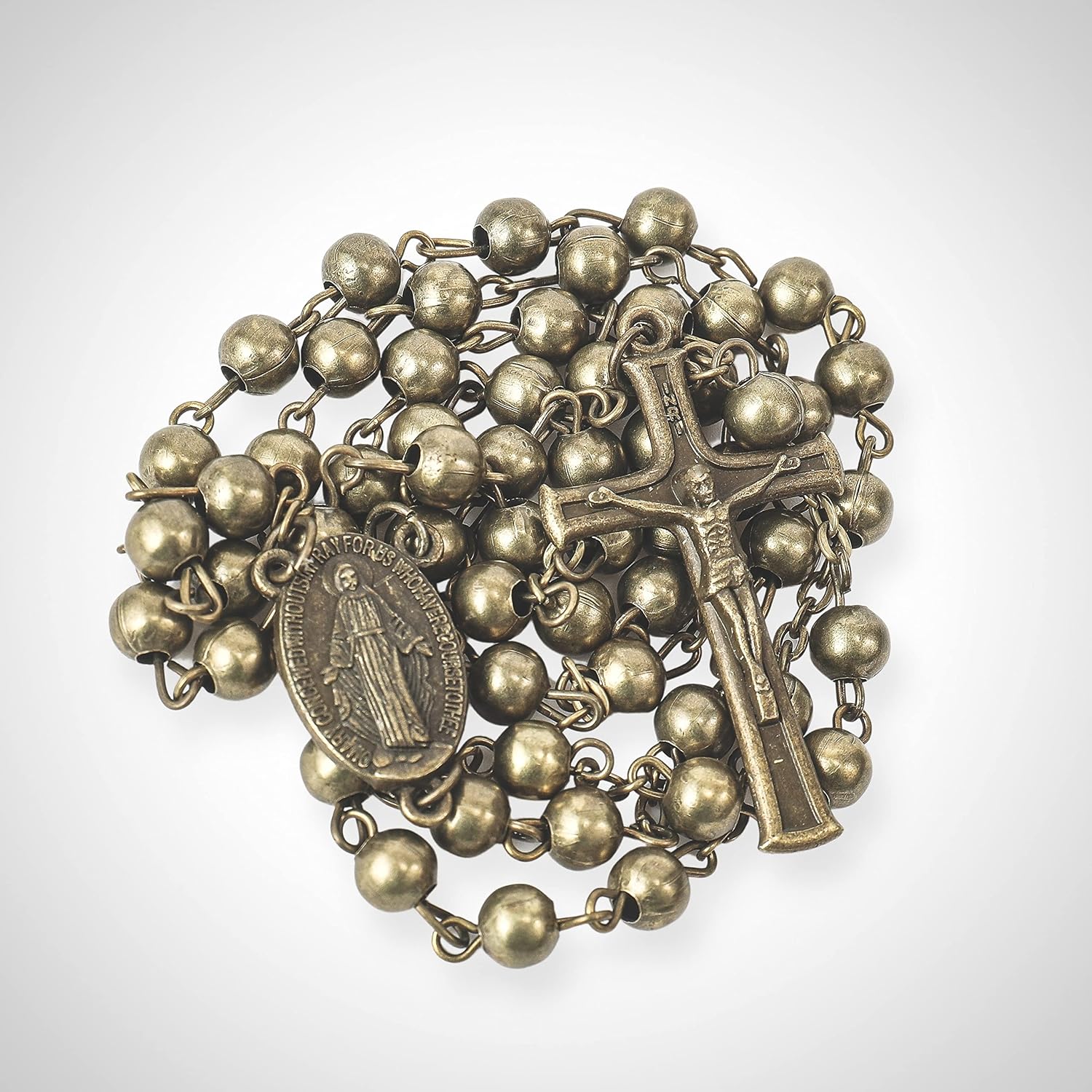 Nazareth Store WWII Combat Design Bronze Rosary Beads Handmade Metal Beaded Men Necklace Miraculous Medal with Jesus