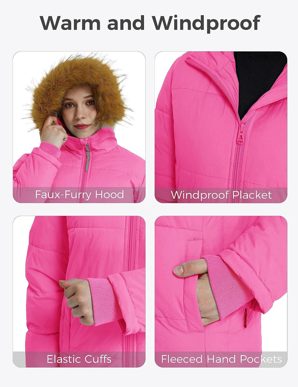 Girls' Fleeced Winter Coat Waterproof Puffer Jacket Hooded Outerwear | 5000mm Waterproof,Removable Faux Fur