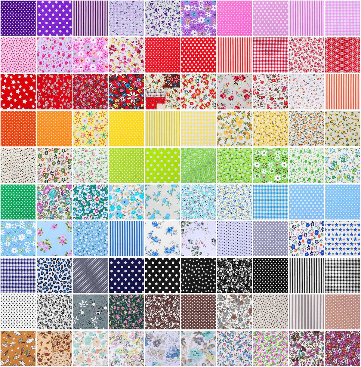 100 Pieces 10 x 10 Inches Cotton Fabric Squares, Precut Quilting Fabric Bundles Layer Fat Floral Patchwork Fabrics